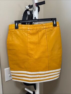 Yellow Leather Stripe Hem Pencil Skirt